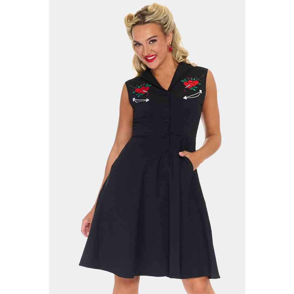 Voodoo Vixen - Heart & Dagger Embroidered Flare Kleid - Schwarz